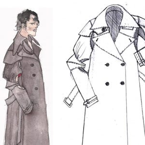 May include: A fashion illustration featuring a double-breasted trench coat with a wide collar, shoulder epaulets, and buckled sleeve straps. The drawing includes a coloured version on the left and a detailed black and white line sketch on the right.