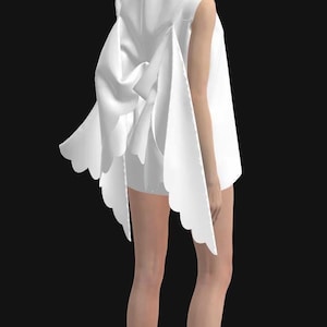 May include: A sleeveless white mini dress featuring a back panel with large, wing-like fabric extensions that drape down. The garment is paired with black high-heeled sandals with ankle straps. The text "Created by Style3D" appears in the corner.