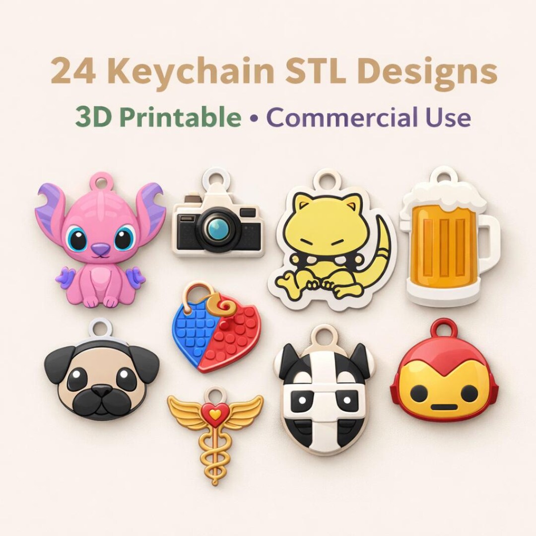 3D Keychain STL Files Bundle | 24 Printable Designs, Commercial Use ...