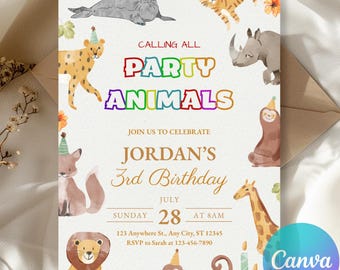 Calling All Party Animals Invitation – Kids Birthday Invite, Cute Animals in Party Hats, Safari Birthday Party, Editable Canva Template