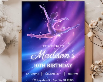 Gymnastics Birthday Invitation, Glow Neon Gymnastics Party Invite, Girls Gymnastics, Editable Canva Template, Birthday Instant Download