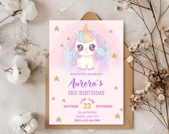 ユニコーンの誕生日招待状、ユニコーンの3歳の誕生日招待状、マジカルパステルレインボーパーティー、編集可能なCanvaテンプレート、おとぎ話のユニコーンプリンセス