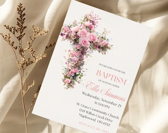 Girl Baptism Invitation, Baby Christening Invitation, Dusty Pink Floral Cross, Christening Template, Editable Canva Template