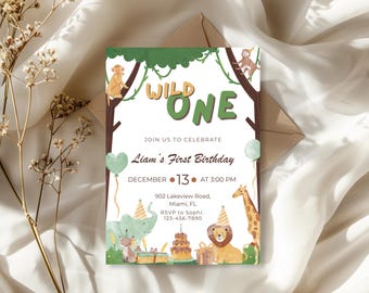 Wild One Safari Birthday Invitation, Jungle Animals 1st Birthday, First Birthday Invite, Safari Invite, Editable Canva Digital Download