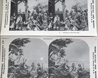 Set di cartoline stereoscopiche religiose vintage – Adorazione dei Re Magi e Fuga in Egitto – Materiale biblico cristiano effimero – Stereo Classics