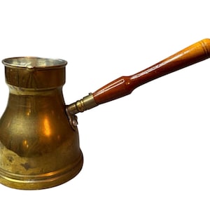 Vintage Brass Turkish Coffee Pot with Wooden Handle -  Rustic Cezve Decor