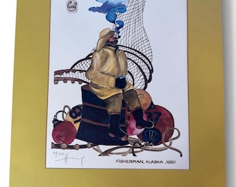Anna Huong Fisherman Alaska 1980 Signed Numbered Print 118/550, Vintage Alaskan Maritime Art, Matted Unframed