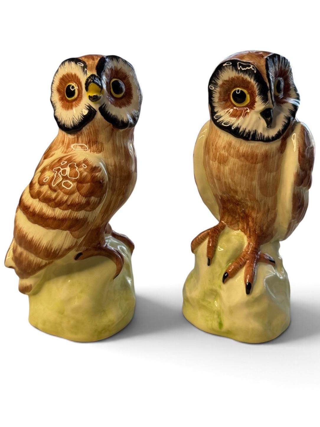 Vintage Italian Ceramic Owl Figurines, Set of 2, Hand Painted Owls, 8.2 Inch, Woodland Decor, Made i