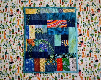 LAPIS - Improv Mini Quilt - Small Doll Quilt - Wall Hanging - Small Quilt - Quilted Wall Hanging - Improvisational Quilt - Mini Quilt