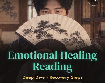 May include: A folding fan with a black ink pine tree illustration held in front of a face. Text reads: MOONJHS, TAROT, Emotional Healing Reading, Deep Dive · Recovery Steps, 10–12 PAGE PDF, and 24–48H DELIVERY. The fan has a beige paper surface.