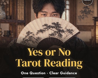 Puede incluir: Un abanico plegable con una pintura a tinta negra y blanca de un pino. El texto dice: MOONJHS, TAROT, Yes or No Tarot Reading, One Question, Clear Guidance, 2-3 PAGE PDF, 24-48H DELIVERY. El abanico se sostiene frente al rostro de una persona.