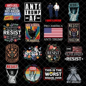 Puede incluir: Una colección de diseños gráficos con temas políticos y de justicia social. Los diseños incluyen textos como "Resist", "Anti-Trump" y "Hands Off!" junto con imágenes de la Estatua de la Libertad y la bandera estadounidense. La paleta de colores es variada.