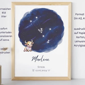 May include: A framed print featuring a watercolor illustration of the Taurus constellation against a dark blue background. A cartoon bull is at the bottom left. The print includes the name "Marlene" and the date 12.05.2024.