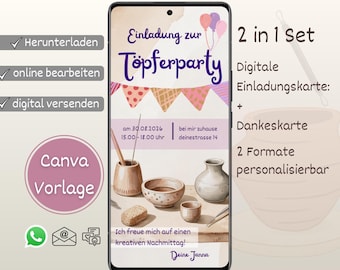 Invitación para fiesta de cumpleaños infantil de cerámica - Tarjeta de invitación digital personalizada para celebración de cumpleaños de cerámica - Canva WhatsApp Ecard