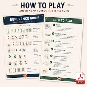 May include: Two instructional reference guides for American Mah Jongg. The left sheet displays a tile overview with Bamboos, Circles, Characters, Winds, Dragons, Flowers, and Jokers. The right sheet outlines seven steps for how to play the game.