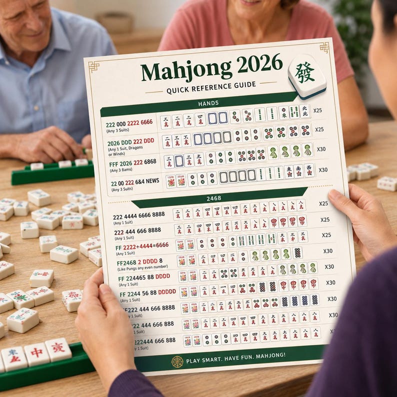 May include: A Mahjong 2026 quick reference guide printed on a white sheet with dark green headers and borders. The chart displays various tile combinations, hand patterns, and point values for the game, featuring illustrations of Mahjong tiles.