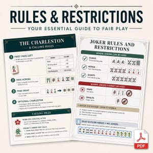 May include: Two instructional sheets titled RULES & RESTRICTIONS, THE CHARLESTON & CALLING RULES, and JOKER RULES AND RESTRICTIONS. The documents feature text, numbered lists, tables, and illustrations of Mah Jongg tiles explaining game play mechanics.