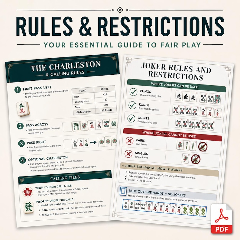 May include: Two instructional sheets titled RULES & RESTRICTIONS, THE CHARLESTON & CALLING RULES, and JOKER RULES AND RESTRICTIONS. The documents feature text, numbered lists, tables, and illustrations of Mah Jongg tiles explaining game play mechanics.
