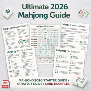 May include: A guide titled "Ultimate 2026 Mahjong Guide" with several pages detailing rules, hands, winning strategies, and tile explanations. The guide includes card examples and is accompanied by Mahjong tiles.