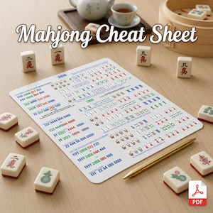 May include: A Mahjong Cheat Sheet printed on a white card with blue, green, and red text and tile illustrations, accompanied by a gold pen and scattered Mahjong tiles on a wooden surface. The card displays the title Mahjong Cheat Sheet.
