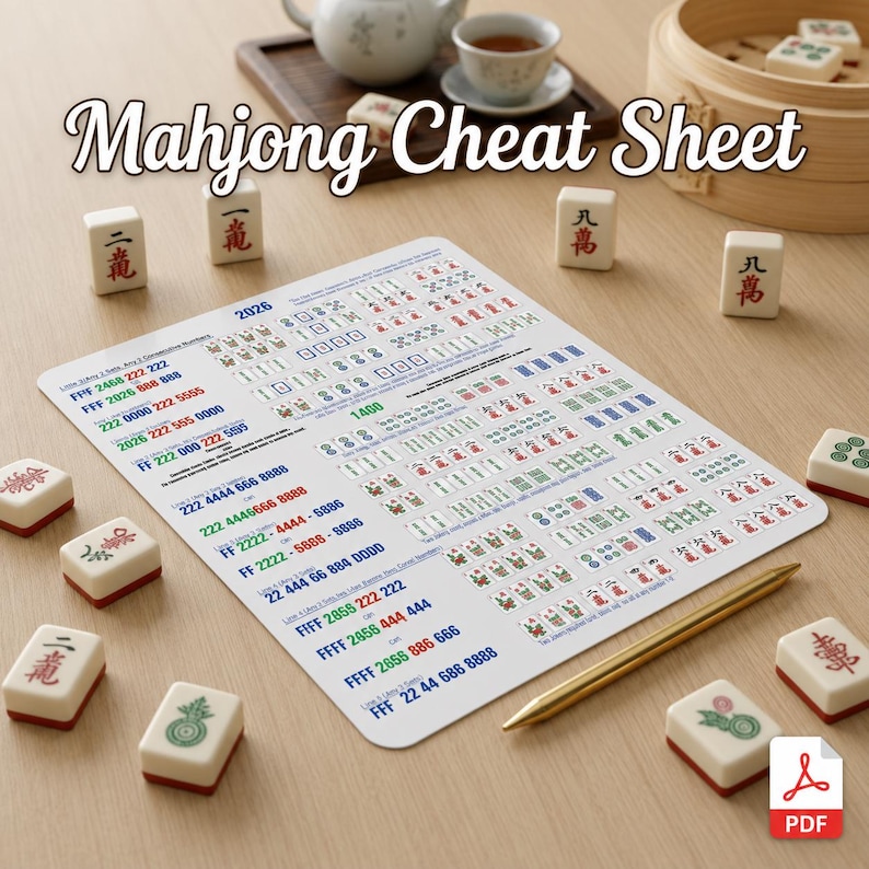 May include: A Mahjong Cheat Sheet printed on a white card with blue, green, and red text and tile illustrations, accompanied by a gold pen and scattered Mahjong tiles on a wooden surface. The card displays the title Mahjong Cheat Sheet.
