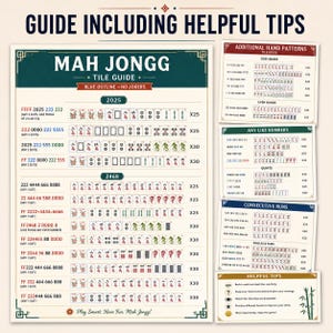 May include: A Mah Jongg tile guide featuring a large chart with 2025 and 2468 hand patterns, plus smaller cards for additional hand patterns including odd, even, consecutive runs, and helpful tips, all printed on a cream background with dark green accents.