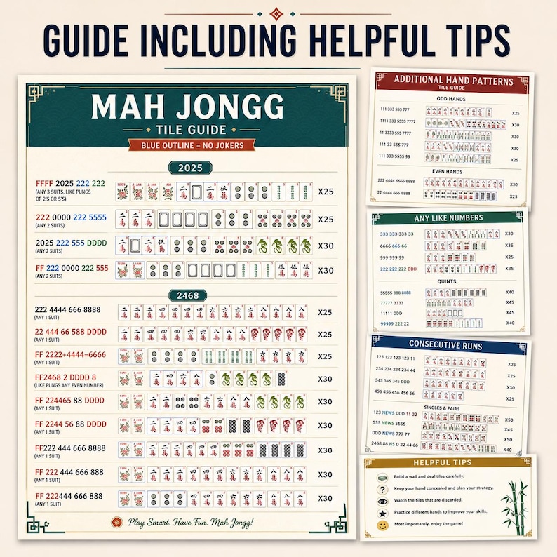May include: A Mah Jongg tile guide featuring a large chart with 2025 and 2468 hand patterns, plus smaller cards for additional hand patterns including odd, even, consecutive runs, and helpful tips, all printed on a cream background with dark green accents.