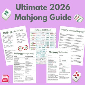 Op de afbeelding: Een gids voor Mahjong, getiteld "Ultimate 2026 Mahjong Guide". De afbeelding bevat verschillende pagina's met tekst en diagrammen die regels, handen en strategie uitleggen. De gids bevat de tekst "Mahjongg Rules and Setup", "Mahjong 2026 Hands" en "What's American Mahjongg?"