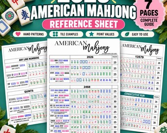 Peut inclure: Un guide de référence de 7 pages pour le Mahjong américain comprenant des tableaux imprimés de combinaisons, des exemples de tuiles et des valeurs de points. Le document inclut des sections pour 2026, 2468, 13579 et des suites consécutives.