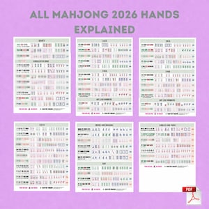 Op de afbeelding: Een paarse poster getiteld "ALL MAHJONG 2026 HANDS EXPLAINED" met verschillende Mahjong-handcombinaties. De poster bevat secties voor Quint, Consecutive Run, 13579, Winds and Dragons en Singles and Pairs. Elke sectie toont verschillende tegelarrangementen.