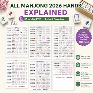 Könnte beinhalten: Ein druckbarer PDF-Leitfaden mit dem Titel ALL MAHJONG 2026 HANDS EXPLAINED, der sechs Seiten mit detaillierten Spielsteinkombinationen, Kategorien wie Quints und Consecutive Run sowie Symbole für Druck und Download enthält, umgeben von Mahjong-Steinen.