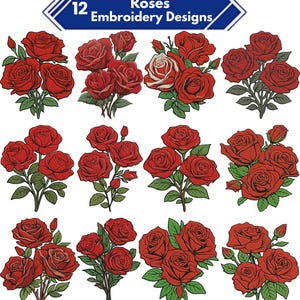 May include: Twelve red rose embroidery designs are shown. Each design features a cluster of roses with green leaves. The designs are in various arrangements, with some showing buds and open blooms. The text "Roses Embroidery Designs" is at the top.