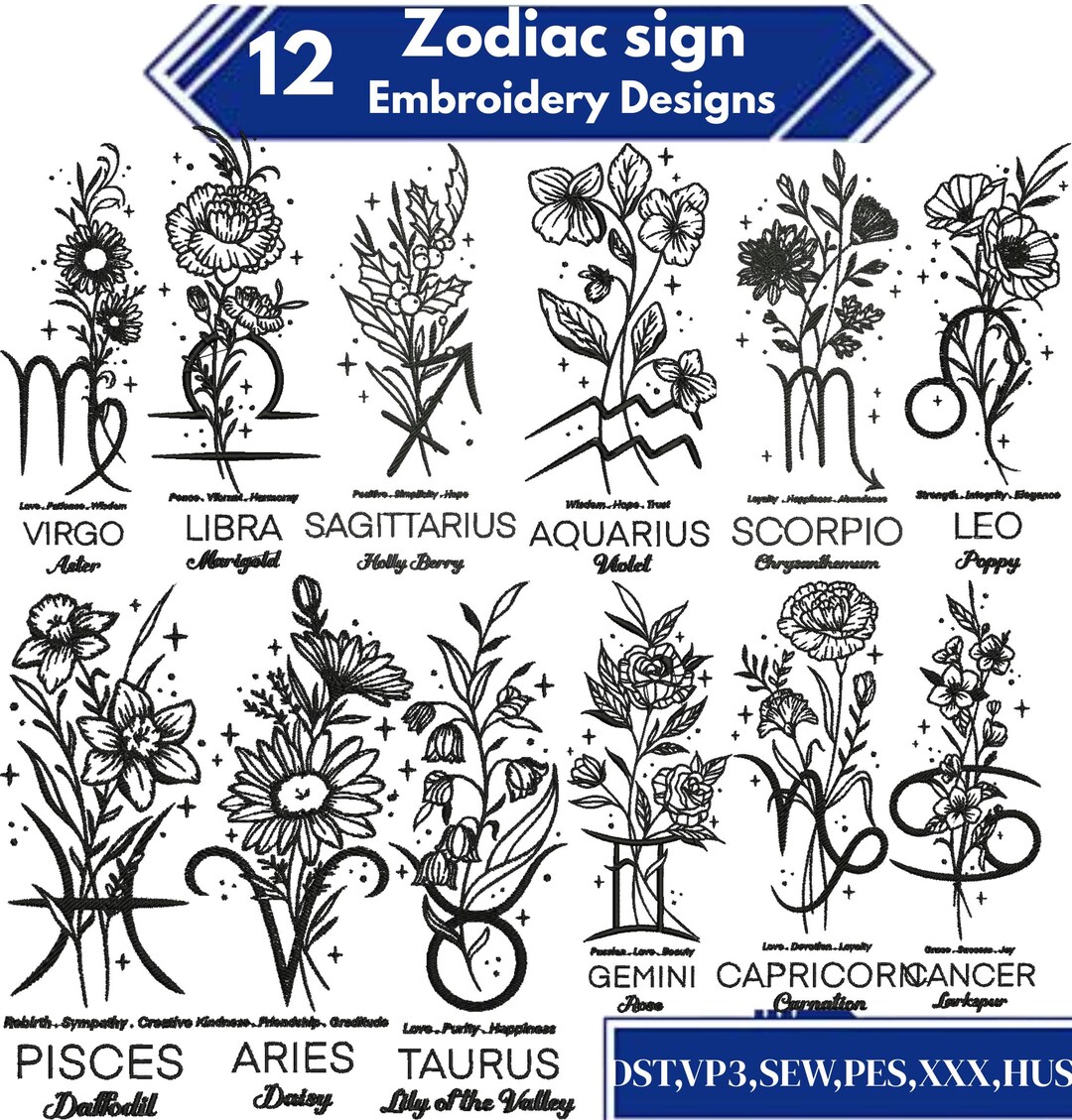 Zodiac Embroidery Designs, 12 Horoscope Signs (digital Download) - Etsy