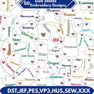 Puede incluir: Imagen con 50 diseños de bordado de los estados de EE. UU. Cada estado está delineado con un corazón en el centro. El texto "USA States 50 Embroidery Designs" está en la parte superior. Formatos de archivos de bordado en la parte inferior.