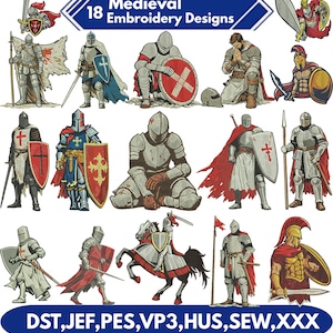 Puede incluir: Un conjunto de 18 diseños de bordado medieval que representan caballeros con armaduras completas, escudos y espadas. Los diseños muestran varias poses y estilos, con el texto "Medieval 18 Embroidery Designs" en la parte superior.