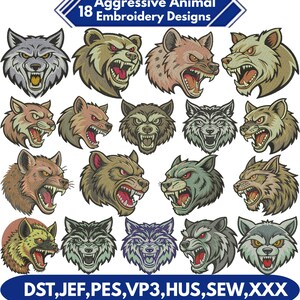 May include: A collection of 18 embroidery designs featuring aggressive animal faces with snarling expressions. The designs include wolves, bears, and other wild animals in various colors. The text "Aggressive Animal 18 Embroidery Designs" is at the top.