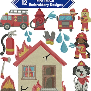 May include: A collection of 12 fire truck embroidery designs. The designs include a fire truck, a fire hydrant, a house on fire, firefighters, a Dalmatian dog, and other fire-related elements. The designs are in red, yellow, and blue.