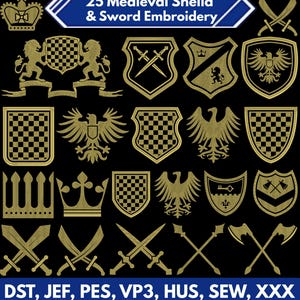 Könnte beinhalten: Eine Sammlung von 25 goldfarbenen mittelalterlichen Schild- und Schwertstickereien auf schwarzem Hintergrund. Die Designs umfassen Kronen, Adler, Schwerter und Schachbrettmuster. Der Text oben lautet "25 Mittelalterliche Schild & Schwert Stickerei".