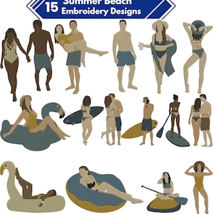 Puede incluir: Una colección de 15 diseños de bordado de Summer Beach. Los diseños presentan personas en trajes de baño, parejas e individuos con tablas de surf, tablas de remo y flotadores inflables. Los diseños son minimalistas, con una pancarta azul y blanca en la parte superior.