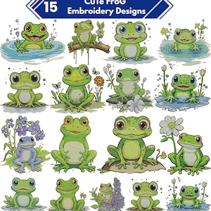 Könnte beinhalten: Eine Sammlung von 15 niedlichen Frosch-Stickmustern. Die Frösche werden in verschiedenen Posen dargestellt, einige im Wasser, andere mit Blumen und Schmetterlingen. Die Designs zeigen Grüntöne, Blau und Lila, mit dem Text "CuTe FroG Embroidery Designs" oben.