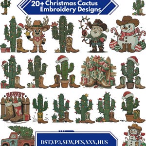 May include: A collection of Christmas cactus embroidery designs. The designs include cacti decorated with Christmas lights, cowboy boots, and Santa hats. Other designs include a snowman, a reindeer, and a truck carrying a Christmas tree. The text "20+ Christmas Cactus Embroidery Designs" is at the top.