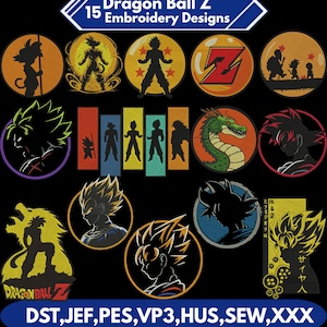 Op de afbeelding: Een verzameling van 15 Dragon Ball Z borduurontwerpen. De ontwerpen tonen verschillende personages en symbolen uit de anime-serie, waaronder silhouetten, portretten en het Dragon Ball Z-logo. De ontwerpen zijn in verschillende kleuren en stijlen, met de tekst "Dragon Ball Z" en "15 Embroidery Designs".