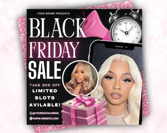 Puede incluir: Un gráfico promocional para una venta de Black Friday. El diseño presenta el texto "BLACK FRIDAY SALE" en letras grandes y en negrita, junto con la oferta "TAKE 30% OFF". La imagen incluye un retrato de mujer, una pila de dinero atada con una cinta rosa y un reloj despertador vintage.