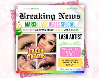 March lash Special Flyer, Lucky Charm lashes Flyer, lash pricelist, lash Tech, lash Special Deals, lash Sale, lash Esthetician, Canva