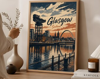 Glasgow Poster, Vintage Scotland Travel Art, River Clyde Cityscape