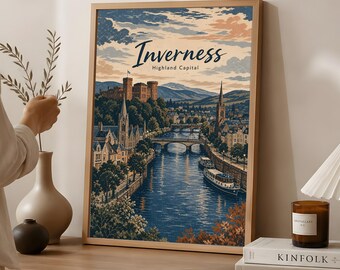 Inverness Poster, Scottish Highlands Travel Art, Vintage River Ness Decor