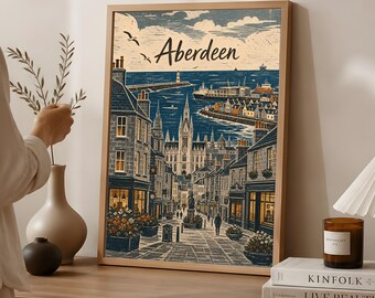 Aberdeen City Poster, Vintage Scotland Travel Art, Coastal Harbour Decor