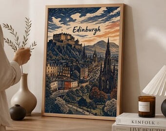 Edinburgh Poster, Vintage Scottish Cityscape Travel Art