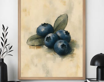 Blueberry Wall Art, Minimal Fruit Kitchen Decor, Rustic Botanical Poster
