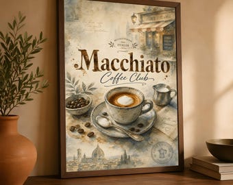 Poster des Macchiato Coffee Clubs, Kunstdruck eines italienischen Cafés, Vintage-Wanddekoration für Kaffeeliebhaber